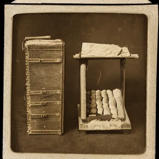 Image similar to Tintype photograph of primitive objects displayed in an ethnographic museum, archive material, anthropology, 1920s studio lighting.