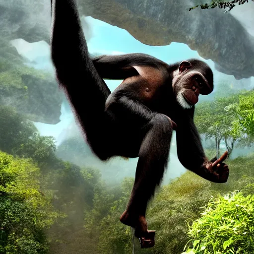 Prompt: Angry Chimpanzee Jumping, Epic Jump, Cinematic Photo, Cinematic Shot, Jungle, Foliage Boris Vallejo, Epic, 8k resolution, ArtStation, Hyperrealistic