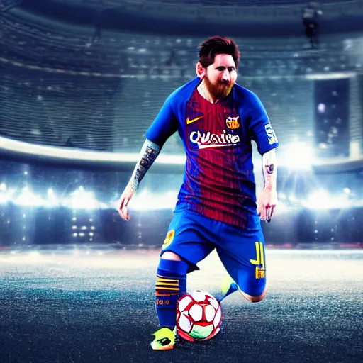 Image similar to messi playing soccer, cyberpunk aesthetic, 4 k, high - res, highly - detailed