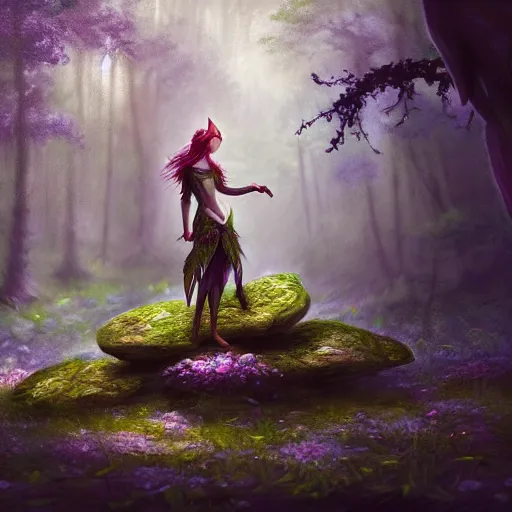 Image similar to a picture of a forest elf clothed in flowers and leaves standing on a stone in an enchanted forest, high fantasy, elegant, epic, detailed, intricate, digital painting, concept art, realistic, smooth, focus, rim light,