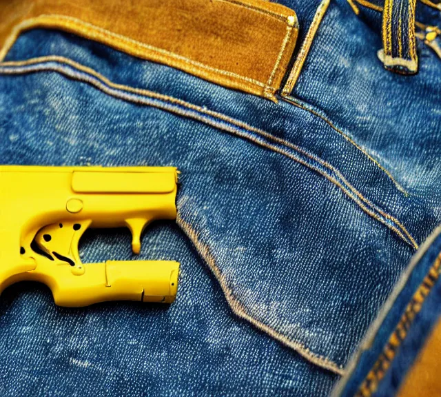 Image similar to a 4 k photorealistic photo full shot of a yellow and blue gun denim.