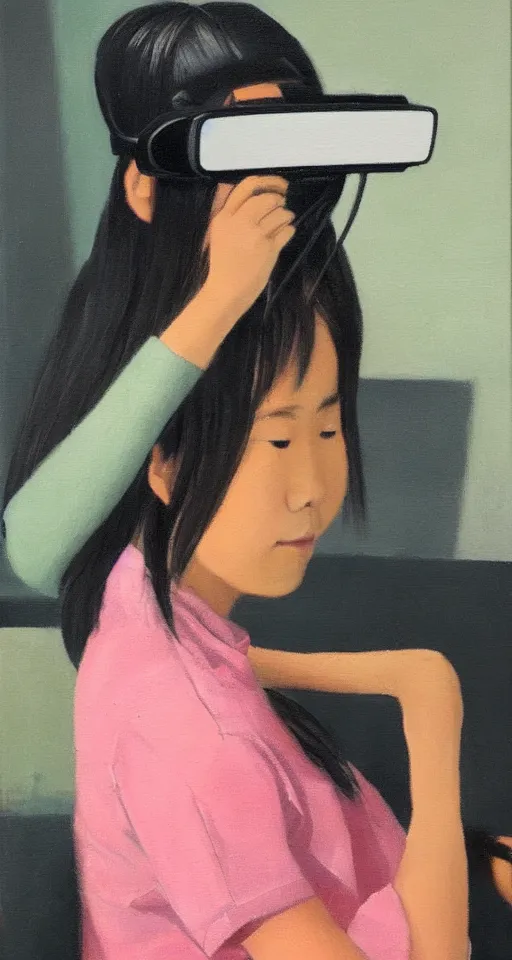 Image similar to a gen z teenage asian girl sitting at a small table, hand combing the hair, wearing vr googles, aged desaturated oil painting by mai trung thu