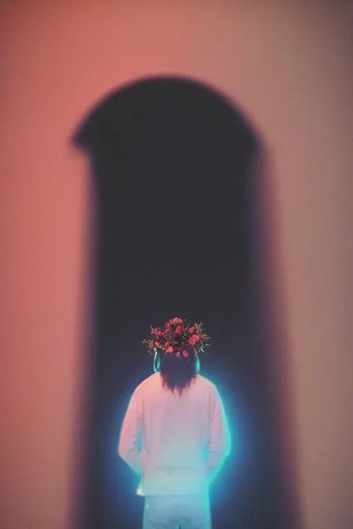 Image similar to kodak portra 4 0 0 photograph of a skinny guy looking into a otherworldly portal, flower crown, back view, vaporwave colors, grain, moody lighting, moody aesthetic,