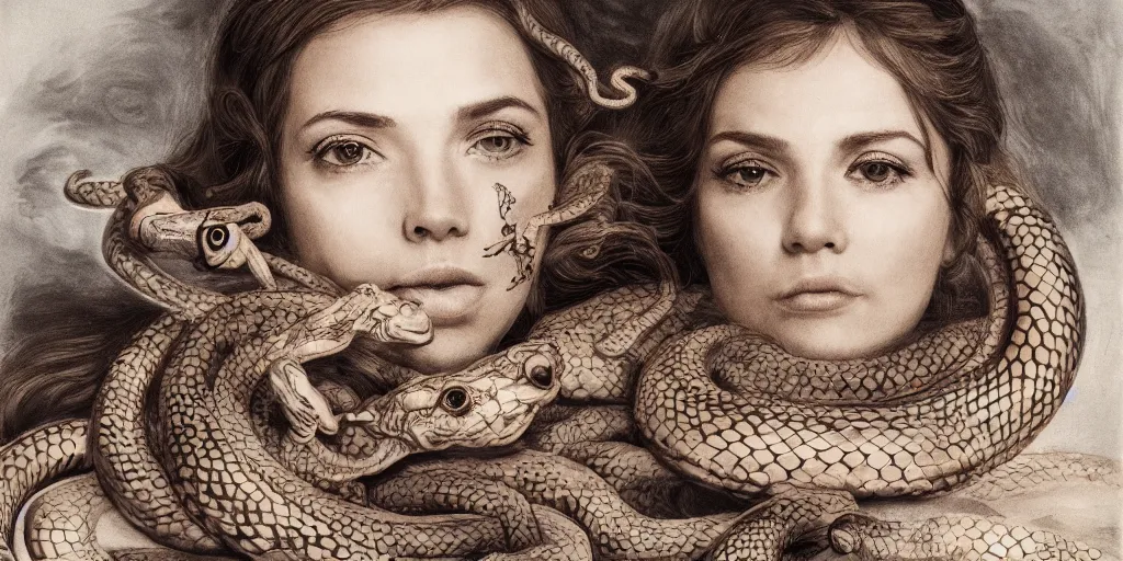 Image similar to realistic portrait of beautiful scylla with her snakes, golden, delicate, facing camera, hyper realism, 1 4 5 0, ink, ultra realistic, 8 k