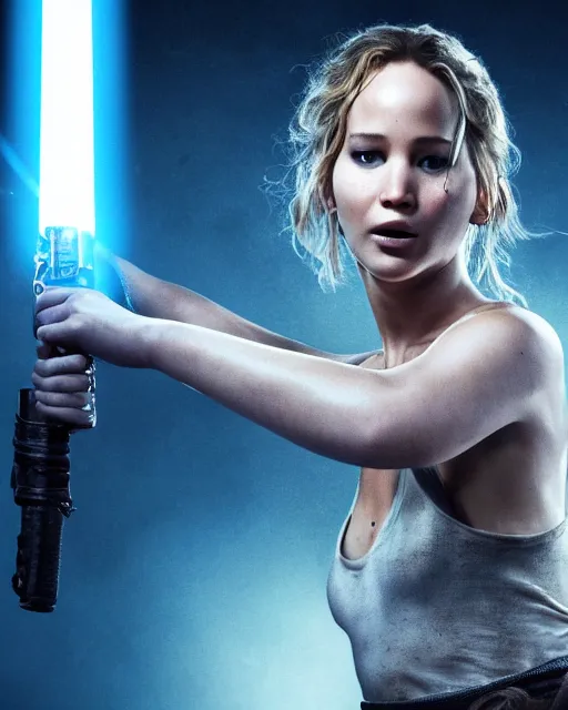 Image similar to jennifer lawrence, battle scared with ripped and damaged clothes, as a jedi holding up a blue lightsaber, very dark background, official new star wars episode xi movie poster from lucas arts, perfect symmetrical face, moody lighting, 8 k, shallow depth of field, intricate detail,