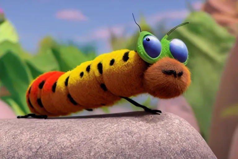 Image similar to disney pixar's a bug's life, cgi caterpillar colorful, furry caterpillar