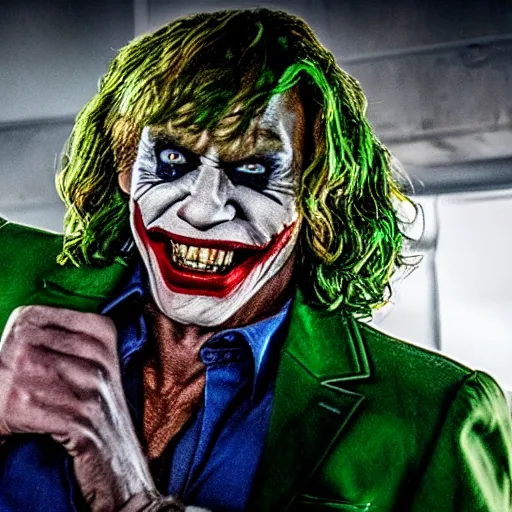 Prompt: film still of Chuck Norris as joker in the new Joker movie