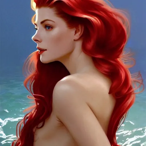 Image similar to A combination of Grace Kelly's and Katheryn Winnick's and Ashley Greene's faces with red hair as a mermaid half submerged on the beach, western, fantasy, intricate, elegant, highly detailed, digital painting, artstation, concept art, matte, sharp focus, illustration, art by Artgerm and Greg Rutkowski and Alphonse Mucha