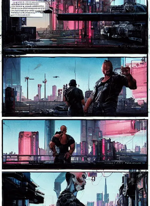 Image similar to Dumb Bubba. Buff cyberpunk meathead trying to intimidate a hacker. Realistic Proportions. Concept art by James Gurney and Laurie Greasley. Moody Industrial skyline. ArtstationHQ. Creative character design for cyberpunk 2077.