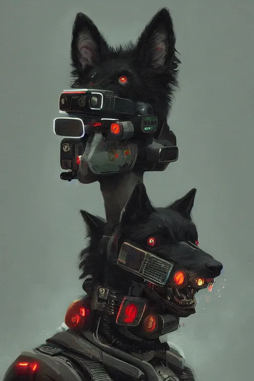 Image similar to new york city portrait of furry anthro anthropomorphic border collie head animal person fursona wearing clothes strange cybernetic augmentations cyber muzzle gloomy rainy cyberpunk digital art by Greg Rutkowski, Simon Stalenhag, trending on Artstation, CGSociety