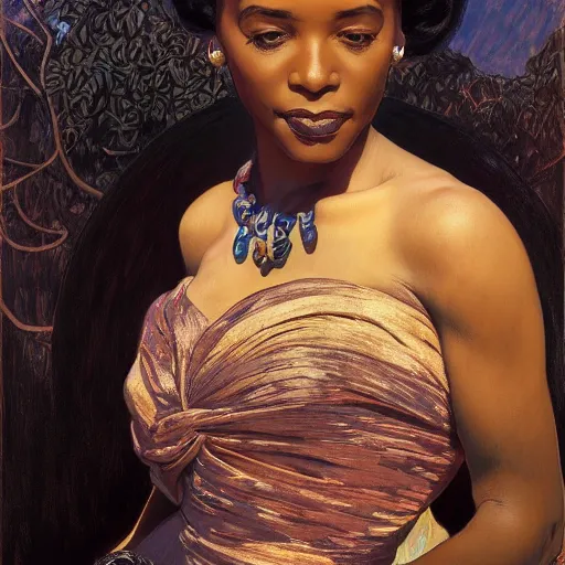 Prompt: Black woman, elegant, 1940s, forward facing portrait, by Donato Giancola and Jon Foster, frank frazetta, alphonse mucha, background by James Jean and gustav klimt, 4k, volumetric lighting, french nouveau, trending on artstation, octane render, hyperrealistic