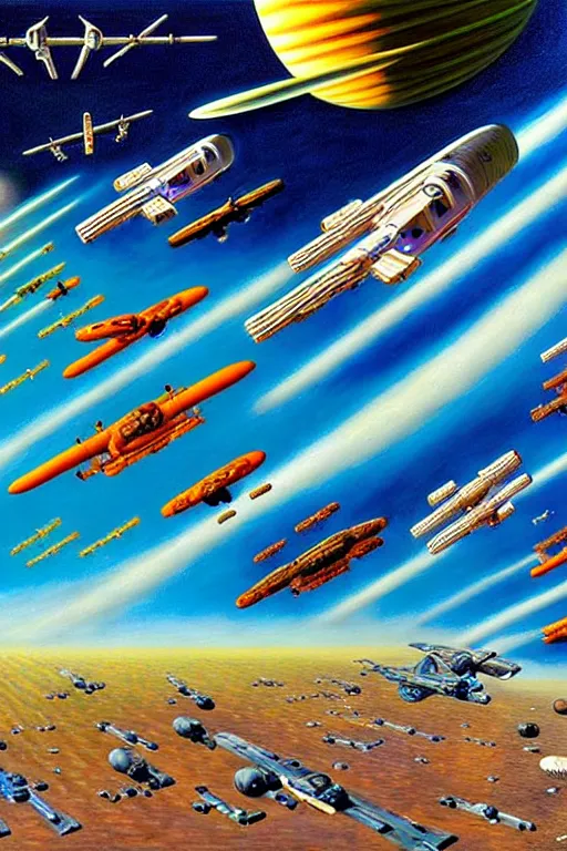 Prompt: a hyperrealistic painting of a fleet of spacecrafts flying over the farmers market on a sunny day, by chris cunningham and richard corben, highly detailed, vivid color,