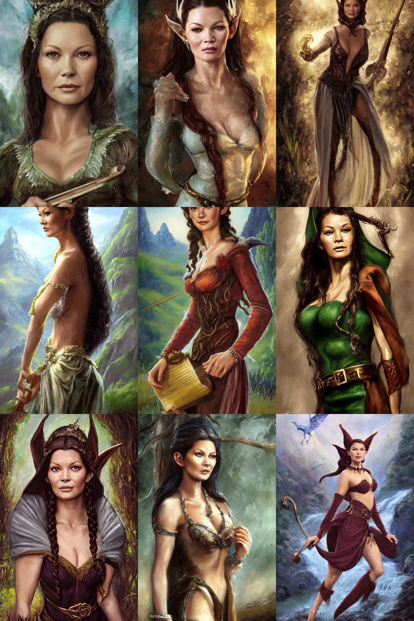 Image similar to a full body high detail fantasy portrait oil painting illustration of young catherine zeta - jones as a beautiful sophisticated singing bard elf by justin sweet with face and body clearly visible, in a scenic background, pupils visible, realistic proportions, d & d, rpg, forgotten realms, artstation trending, high quality, sombre mood, artstation trending, muted colours, entire person visible!