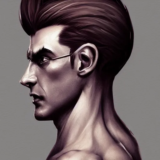 Image similar to a profile photo of a man, side profile, D&D, sci-fi, elegant, sinister, muscular, highly detailed, digital painting, artstation, concept art, smooth, sharp focus, illustration