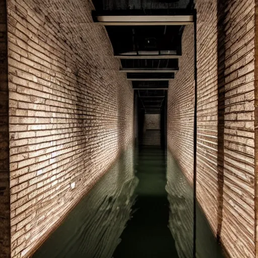 Prompt: flooded glass - brick hallway, dark, creepy, eerie, liminal, liminal space,