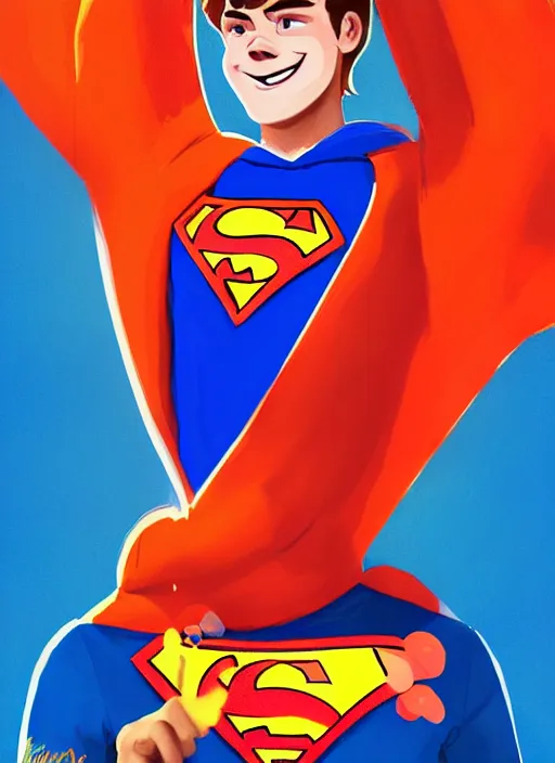 Image similar to friendly teenage archie andrews wearing an orange superhero costume with heart logo, heart, freckles, blue cape, heart emblem on chest, blue cape, intricate, elegant, glowing lights, highly detailed, digital painting, artstation, sharp focus, illustration, art by wlop, mars ravelo and greg rutkowski