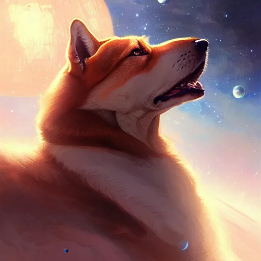 Prompt: Portrait of Sniba Inu in space, D&D, fantasy, intricate, elegant, highly detailed, digital painting, artstation, concept art, smooth, sharp focus, illustration, art by artgerm and greg rutkowski and alphonse mucha