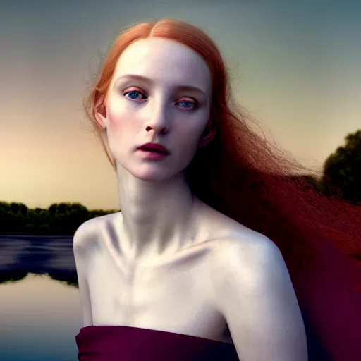 Image similar to photographic portrait of a stunningly beautiful english renaissance female with abtract hair, in soft dreamy light at sunset, beside the river, soft focus, contemporary fashion shoot, in a tim burton movie, by edward robert hughes, annie leibovitz and steve mccurry, david lazar, jimmy nelsson, extremely detailed, breathtaking, hyperrealistic, perfect face, octane render