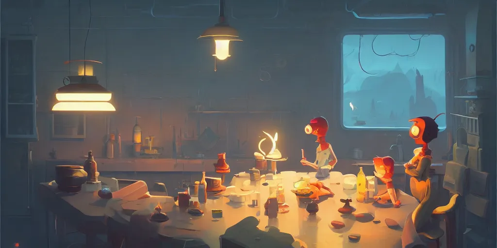 Image similar to cute lonely kitchen dim lit by a candle ripped physique simon stalenhag gerald brom bastien grivet by greg rutkowski game background fisheye lens day of the tentacle