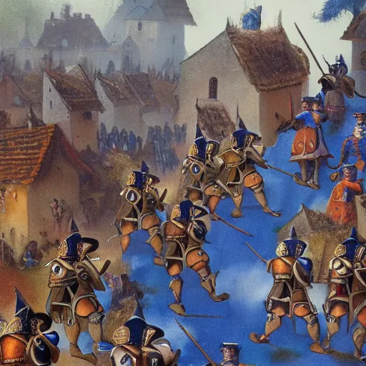 Image similar to A group of Knights wearing blue gambesons march through a village, while the villagers look in awe, stunning, cloudy, high complexity, fantasy, award-winning illustration, upscaled, 8k resolution