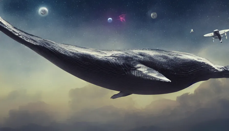 Image similar to highly detailed scifi render of a flying whale over the tuscany skies, cypresses and hills, stars and planets, hyper detailed, digital art, led lighting, studio quality, smooth render, unreal engine 5, octane render, trending on artstaion.