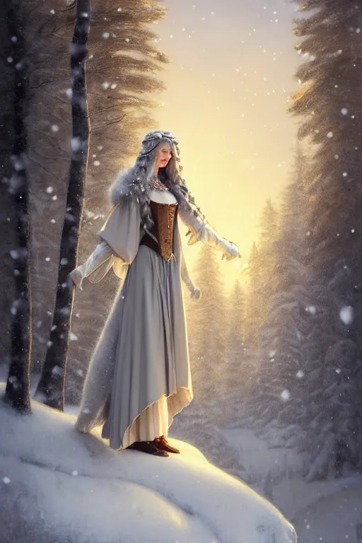 Prompt: nostalgia for a fairytale, nordic, snowing, medieval maiden dressed in furs, long hair, tall and thin, illustration, dramatic lighting, soft details, painting, art nouveau, octane render, 8 k, hd, by edmund blair leighton, brom, charlie bowater, faces by otto schmidt