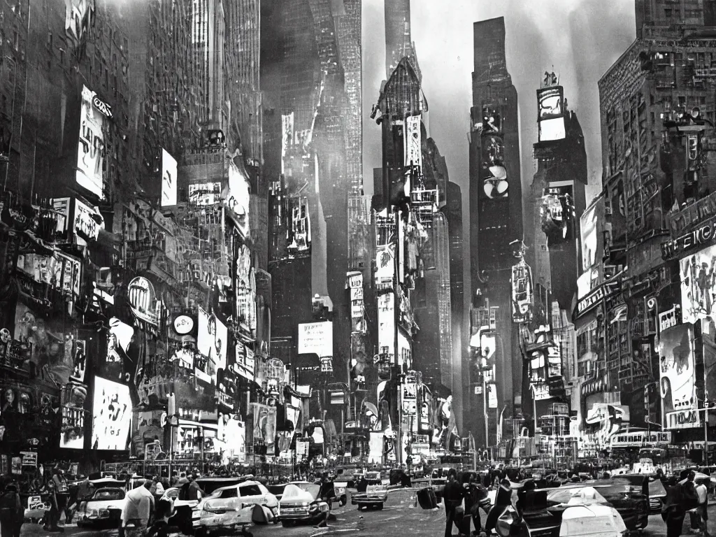 Prompt: analog photo of the alien invasion of Time Square, violent, creepy