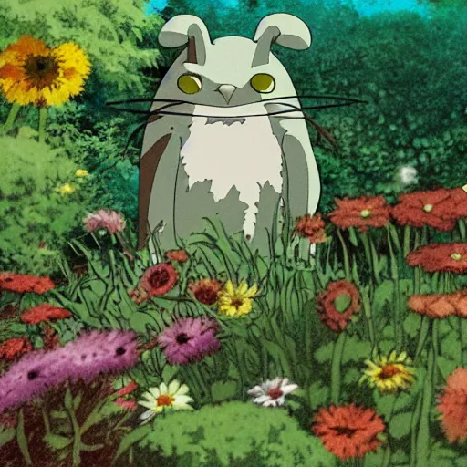 Image similar to creature sitting at the flower made by studio ghibli, detail, high quality