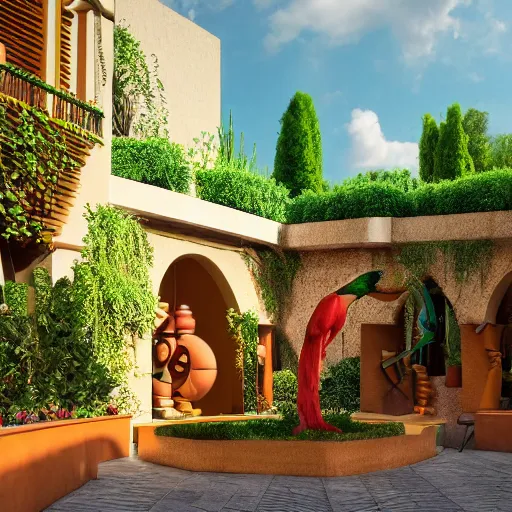 Image similar to photo, detailed graphic illustration of italian village courtyard designed by by frank lloyd wright architect, plants and trees, bill sienkiewicz, plants trail from balconies, parrots fly, abstract geometric mirrored sculptures, sunset, waterfalls, parrots, 3 d architectural model, octane render