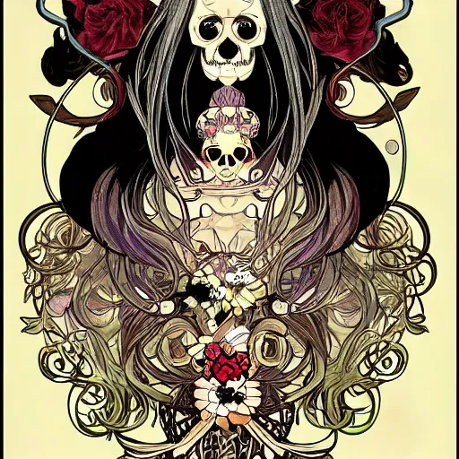 Prompt: anime manga skull portrait face skeleton illustration style by Alphonse Mucha and Takashi Murakami pop art nouveau