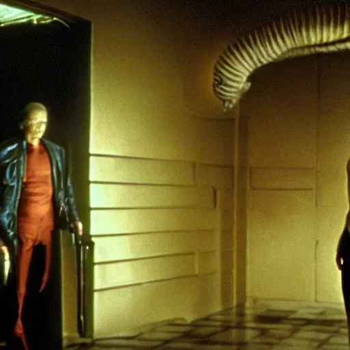 Image similar to movie scene of a man in front of a draconian humanoid, reptil, reptilian, movie still, cinematic composition, cinematic light, criterion collection, reimagined by industrial light and magic, Movie by David Lynch and Ridley Scott