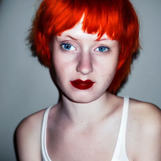 Image similar to photograph, closeup portrait of a young pale woman with short orange hair, tired eyes, wearing red flannel, flash photography, white background, indoor setting, high contrast, sharp, portra 8 0 0, photographed by terry richardson, trending on tumblr,