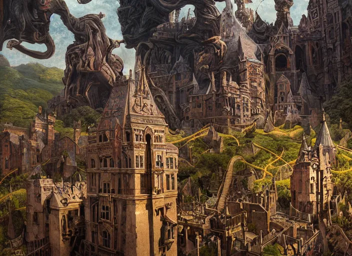 Image similar to jim henson's labyrinth an impossible maze filled with twisted turns a goblin city and a castle looming in the background by edgar maxence and caravaggio and michael whelan and delacroix style, artistic, intricate painting, cinematic lighting, hyper realistic, extremely detailed, establishing shot, 8 k resolution, dramatic lighting