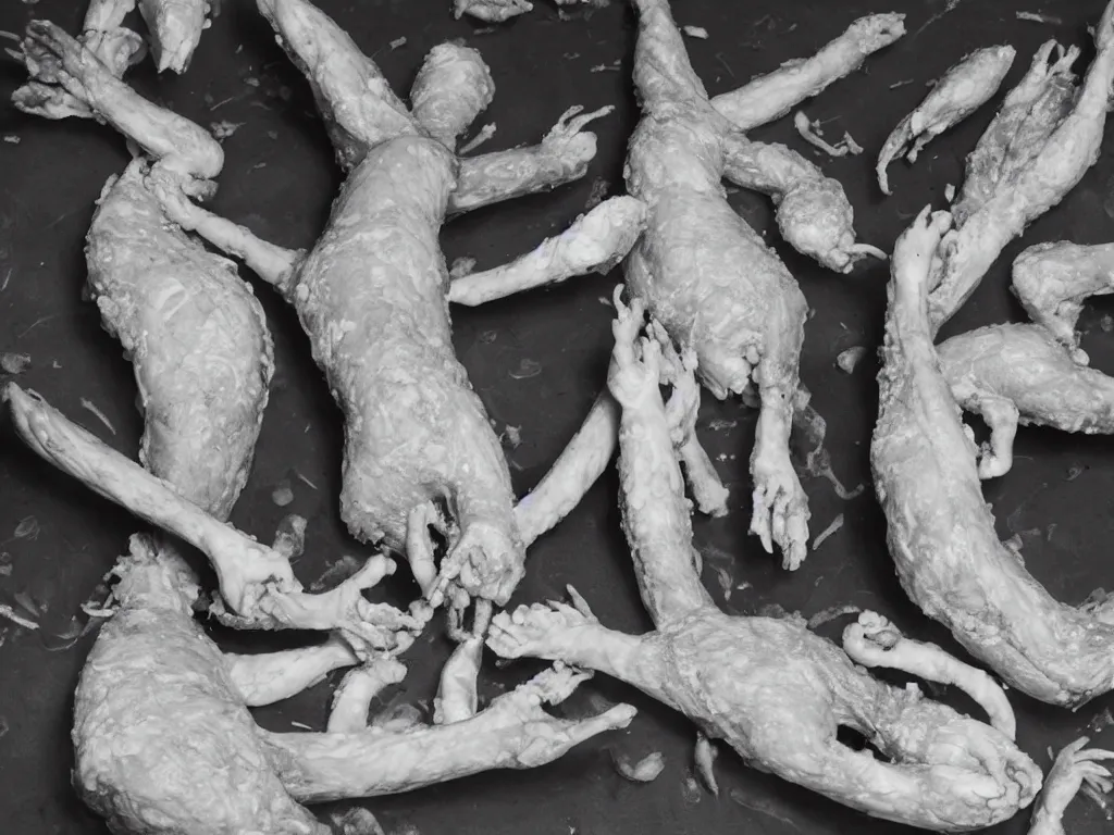 Image similar to irradiated lovers hold hands under a bridge made of raw chicken. they cast a deathly shadow over the foreground. a troupe of breakdancing squid entertain to the left hand side. foam party to the right