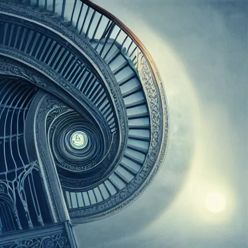 Prompt: big spiral stairways to heaven, inhabited on many levels, flying birds, shining light, strong perspective, clear geometry, architecture, glowing halo, fantasy, intricate, elegant, highly detailed, digital painting, artstation, concept art, smooth, sharp focus, art by anthony macbain + greg rutkowski + alphonse mucha, concept art, 4k, sharp focus, cinematic unreal engine