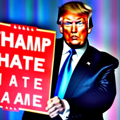 Image similar to a photo of Donald Trump holding a sign that says 'I hate signs !', cinematic