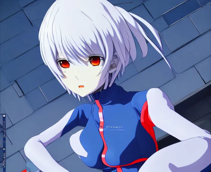 Image similar to anime art, fullbody shot of female rei ayanami, evangelion, long blue hair and large eyes, finely detailed perfect face, in a pale skintight plugsuit, sitting on rooftop, flooded city, trending on pixiv fanbox, by ilya kuvshinov, sola digital arts,, raytracing