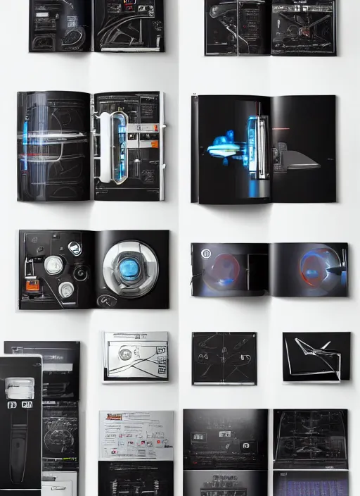 Prompt: electronics catalogue pages, hyper-detailed futuristic gadgets designed by Syd Mead, Jony Ive and Dieter Rams