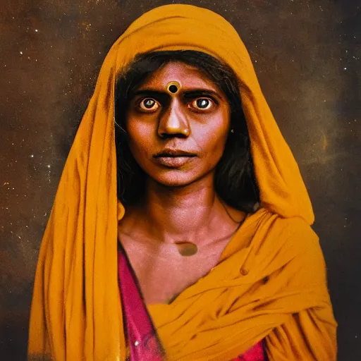 Image similar to realistic expired kodak film portrait of strange india woman cosmic mix, marigold celestial vibe, hyperrealism, hypermaxiymalism, photorealistic, detailed, atmospheric, 8 k, award winning photography, cinematic