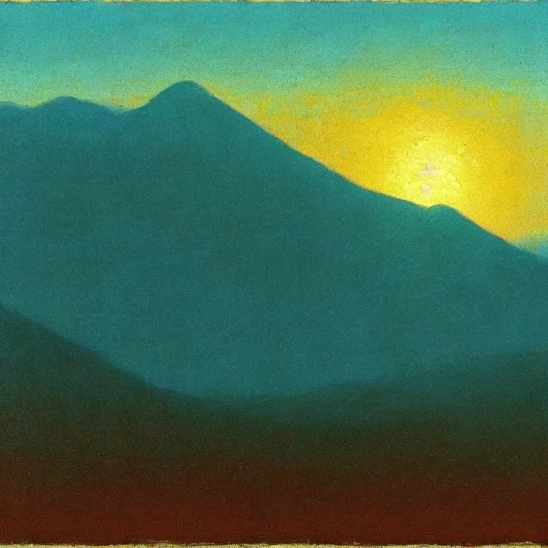 Image similar to caucaus mountains at dawn, arkhip kuindzhi painting, teal palette, impasto sun, pythagorean mysticism