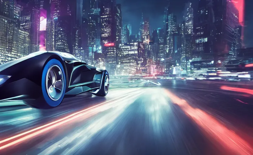 Image similar to A film still of the 2025 Batmobile driving through Gotham at night, 8k