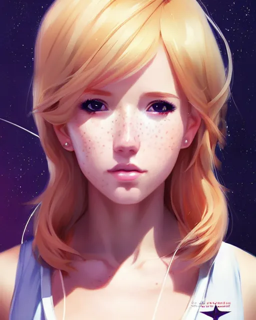 Prompt: portrait Anime freckled blonde space cadet girl Anna Lee Fisher anime cute-fine-face, pretty face, realistic shaded Perfect face, fine details. Anime. realistic shaded lighting by Ilya Kuvshinov Giuseppe Dangelico Pino and Michael Garmash and Rob Rey, IAMAG premiere, aaaa achievement collection, elegant freckles, fabulous