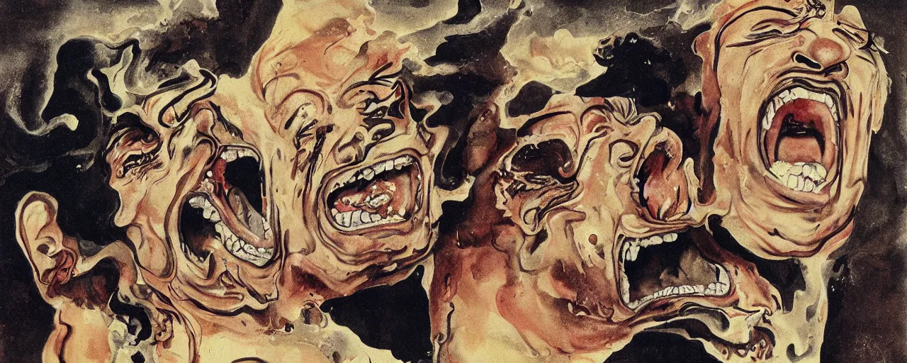 Prompt: portrait of a mad man screaming and melting in style of Yamato and Salvador Dali,