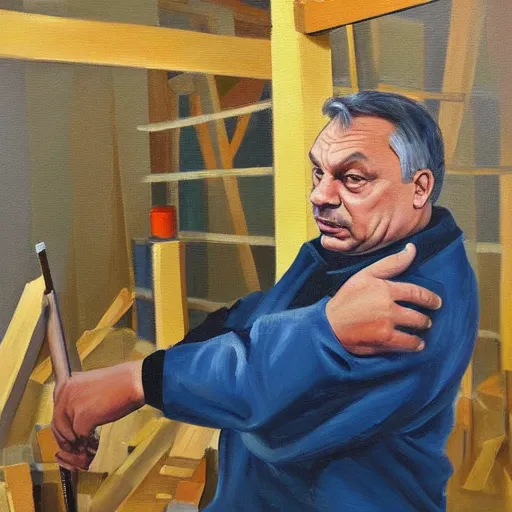 Image similar to viktor orban building a house, oil painting