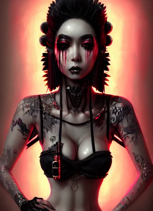 Image similar to soft lustrous ebony geisha seductive raver yakuza gothic cyborg gutter punk, urban decay, horrorcore, underworld, dark fantasy, dark art, highly detailed, digital painting, octane render, artstation, concept art, smooth, sharp focus, illustration, art by artgerm, loish, wlop