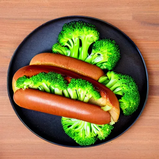 Image similar to photo shoot portrait of a delicious hot dog, broccoli and apple on top, mustard,