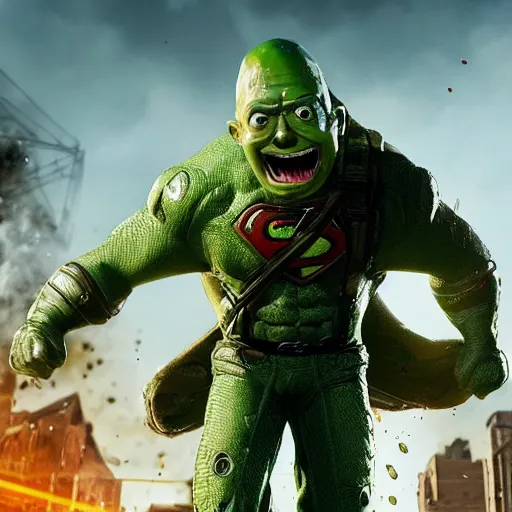 Image similar to pickle rick as superman! flying in ( gears of war ), splash art, movie still, detailed face, photo realistic facial features, cinematic lighting, dramatic, octane render, long lens, shallow depth of field, bokeh, anamorphic lens flare, ( 8 k ), hyper detailed, 3 5 mm film grain