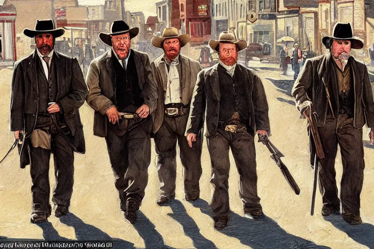 Prompt: banker - phillip - seymour - hoffman and two rugged bandits in a busy old west main street, in the style of an oil painting, realistic, detailed