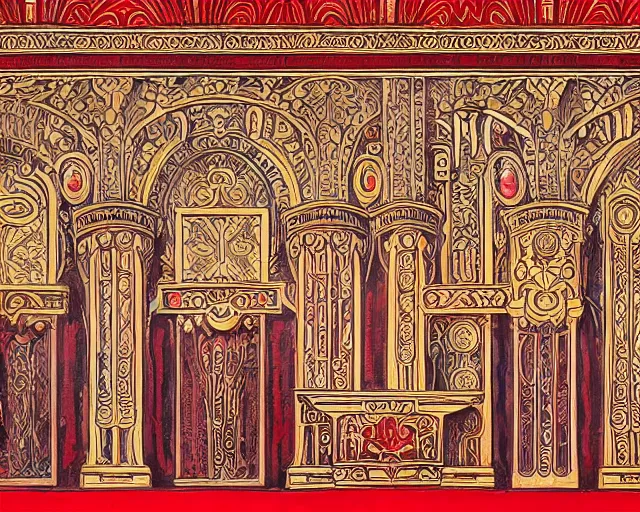 Image similar to mural from the early 1 9 0 0 s in the style of art nouveau, red curtains, art nouveau design elements, art nouveau ornament, brick wall, opera house architectural elements, mucha, masonic symbols, masonic lodge, ernst - ludwig - haus, darmstadt