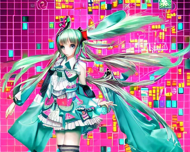 Prompt: fractal hatsune miku playing tetris, romance novel cover, cookbook photo, in 1 9 9 5, y 2 k cybercore, industrial photography, still from a ridley scott movie